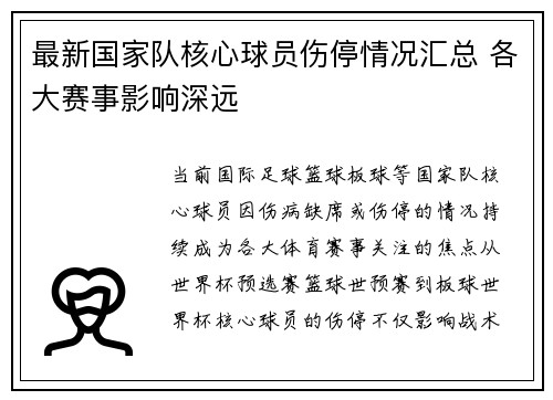 最新国家队核心球员伤停情况汇总 各大赛事影响深远 最新国家队核心球员伤停情况汇总 各大赛事影响深远